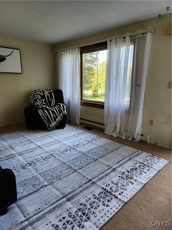 interior space featuring carpet floors and a baseboard heating unit