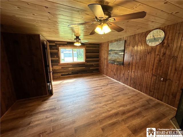 spare room with wooden walls, hardwood / wood-style flooring, wooden ceiling, and ceiling fan