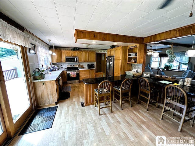 kitchen with light hardwood / wood-style flooring, stainless steel appliances, plenty of natural light, and a breakfast bar area