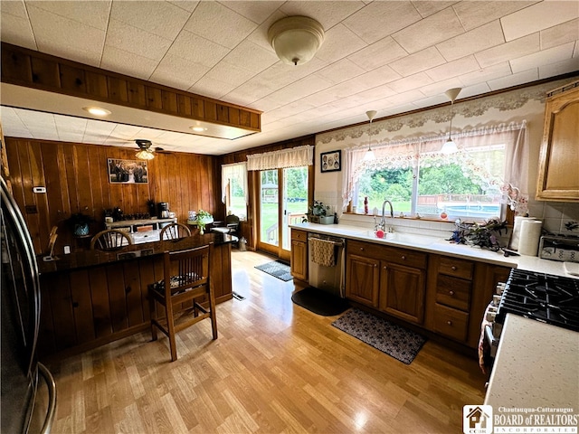 kitchen featuring wood walls, hanging light fixtures, ceiling fan, light hardwood / wood-style floors, and stainless steel dishwasher