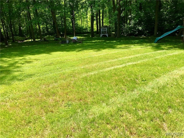 view of yard featuring a playground and a view of trees