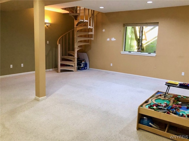 carpeted living area featuring stairs, baseboards, and recessed lighting