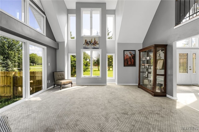 unfurnished room with light carpet, high vaulted ceiling, and plenty of natural light