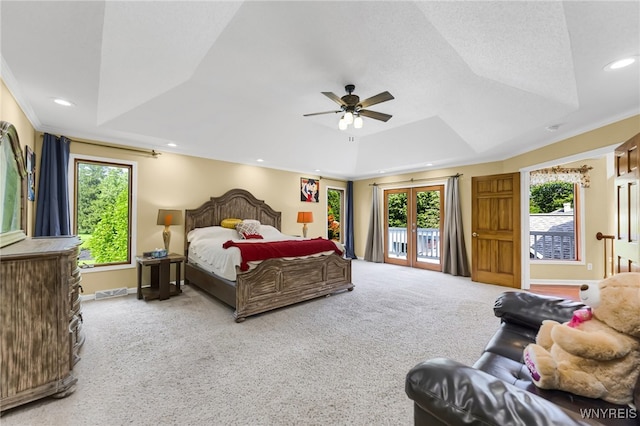 carpeted bedroom with multiple windows, access to exterior, and a raised ceiling