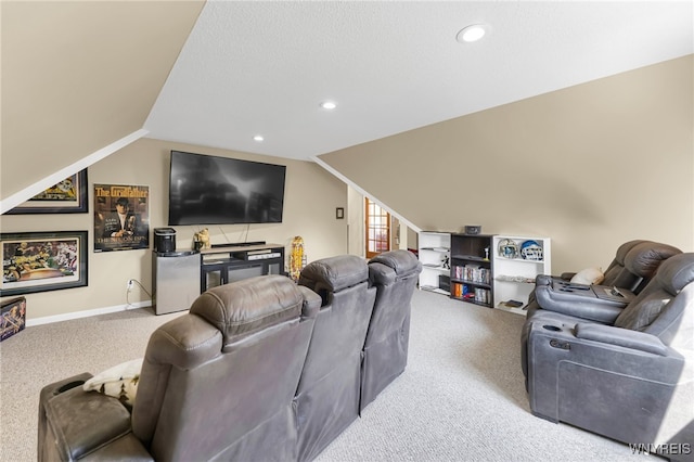 living room with carpet and vaulted ceiling