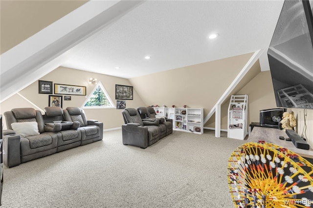 carpeted living room with vaulted ceiling