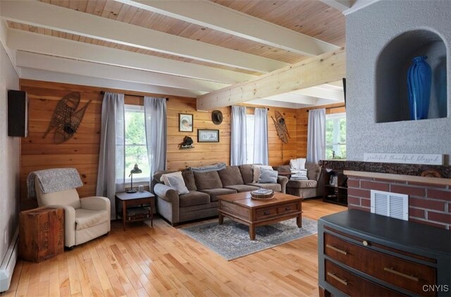 living room with light wood-type flooring, a healthy amount of sunlight, beam ceiling, and wooden walls