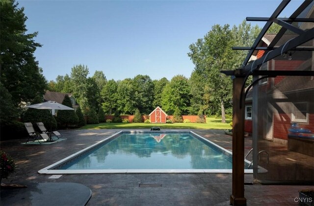 view of pool featuring a storage unit and a patio