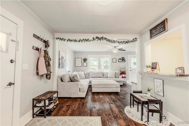 living room featuring ceiling fan and dark hardwood / wood-style flooring