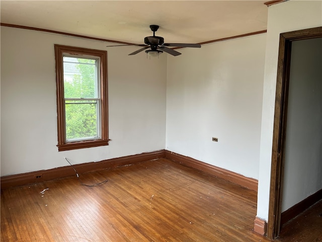 spare room featuring ceiling fan, hardwood / wood-style flooring, and crown molding