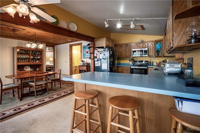 kitchen with ceiling fan with notable chandelier, stainless steel appliances, light carpet, track lighting, and kitchen peninsula