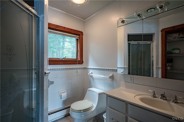 bathroom with a textured ceiling, walk in shower, toilet, tile patterned floors, and a baseboard heating unit