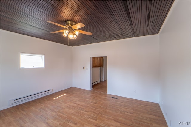 empty room with a baseboard heating unit, wood ceiling, visible vents, and light wood-style floors