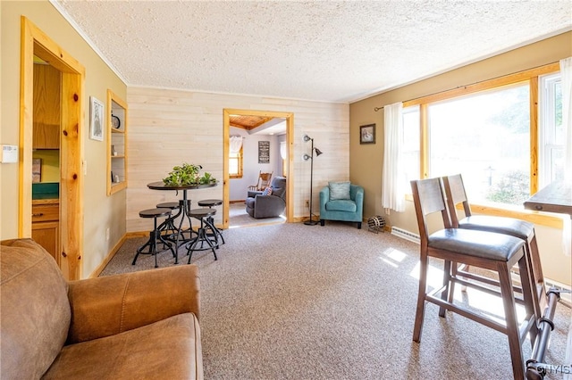 sitting room featuring wooden walls, carpet, a textured ceiling, and baseboards