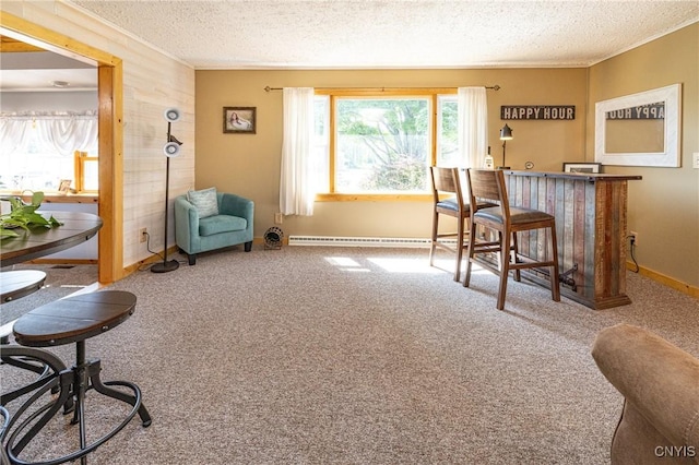 sitting room featuring carpet floors, a dry bar, baseboard heating, and a textured ceiling