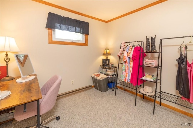 carpeted office space with baseboards, a baseboard heating unit, and ornamental molding