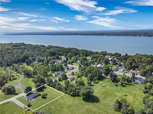 aerial view featuring a water view and a view of trees