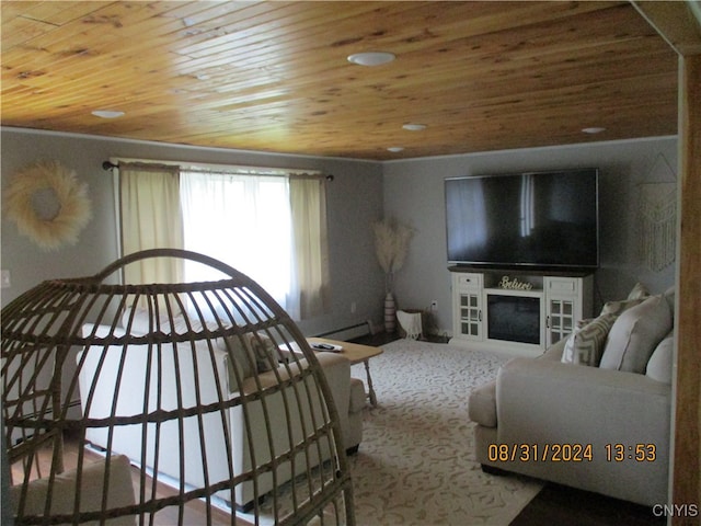 living room featuring wood ceiling, carpet, and a baseboard heating unit