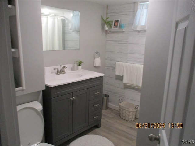bathroom featuring wood finished floors, toilet, and vanity