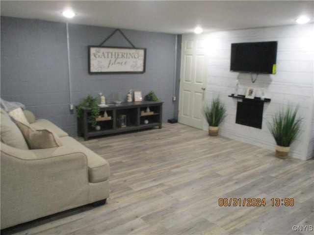 living room featuring wood finished floors and concrete block wall