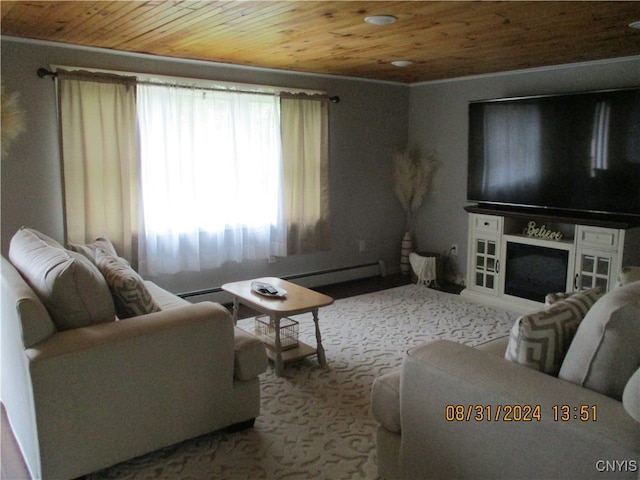 carpeted living room featuring a baseboard heating unit, wood ceiling, and a fireplace