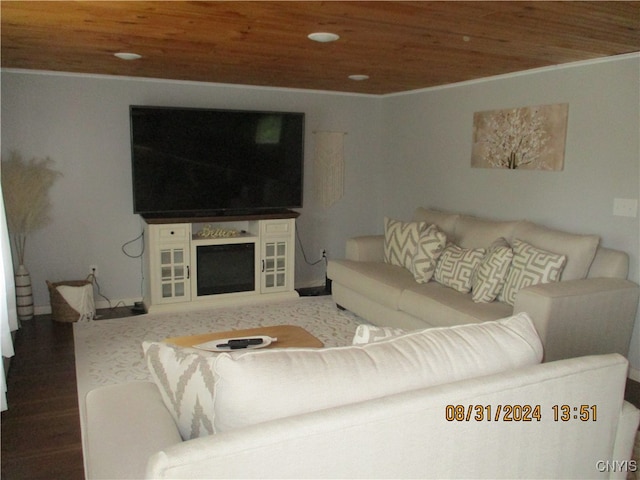 living room featuring wood ceiling, dark wood-type flooring, and crown molding