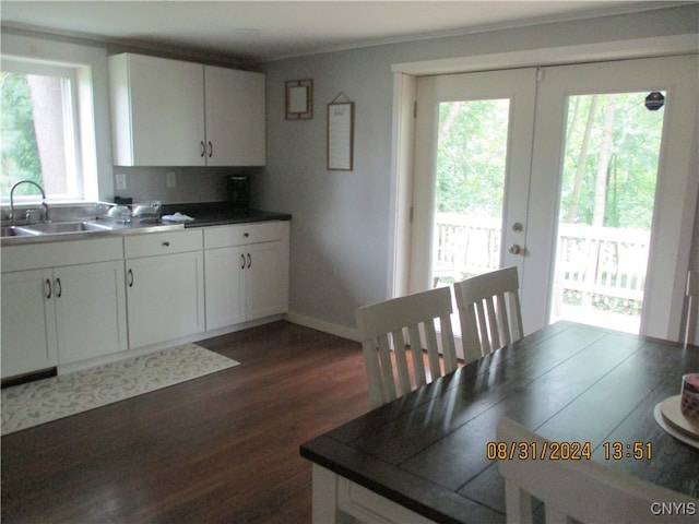 dining space with crown molding, sink, and dark hardwood / wood-style floors