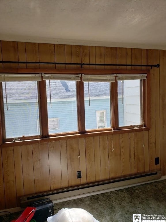 interior space featuring wood walls, carpet flooring, and baseboard heating