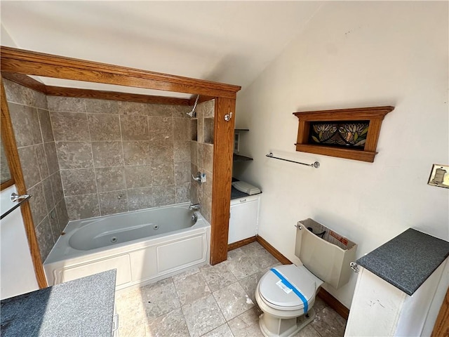 full bathroom with shower / bathtub combination, vaulted ceiling, toilet, and baseboards