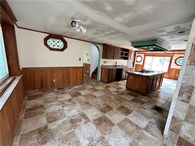 kitchen featuring wood walls, stainless steel gas stovetop, arched walkways, and wainscoting