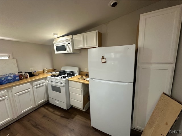 kitchen featuring white cabinets, white appliances, dark hardwood / wood-style floors, and wooden counters