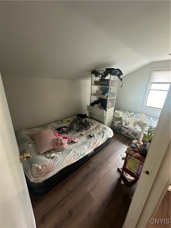 bedroom featuring lofted ceiling and dark hardwood / wood-style flooring