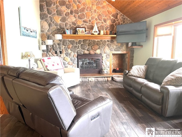 living room with wooden ceiling, a stone fireplace, lofted ceiling, and dark hardwood / wood-style floors