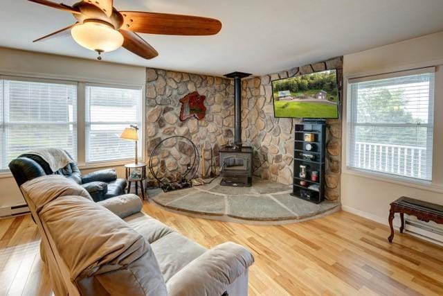 1090 Park Hill Rd, Colchester, NY 13755 - living room featuring plenty of natural light, a wood stove, and wood finished floors