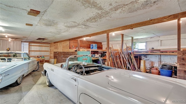 garage featuring wooden walls