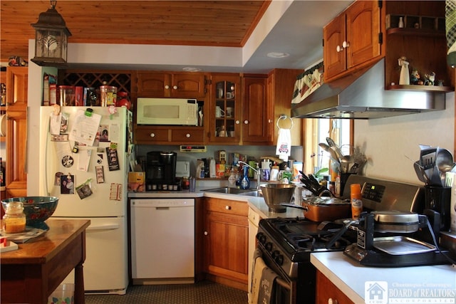 kitchen with white appliances, wood ceiling, pendant lighting, and sink