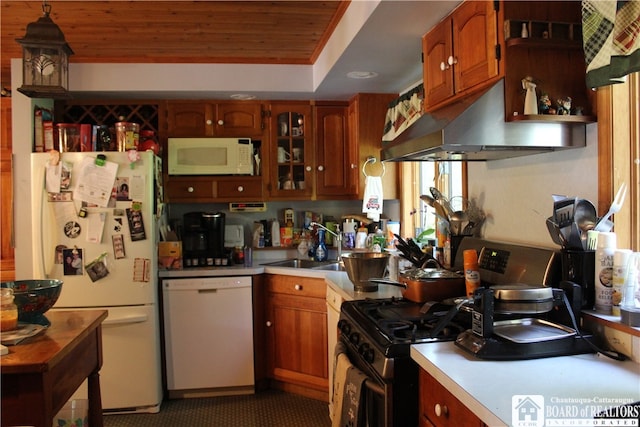 kitchen featuring white appliances, wood ceiling, and sink