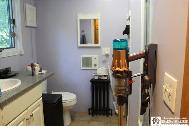 222 Seymour St, Pomfret, NY 14063 - bathroom with radiator, vanity, and toilet