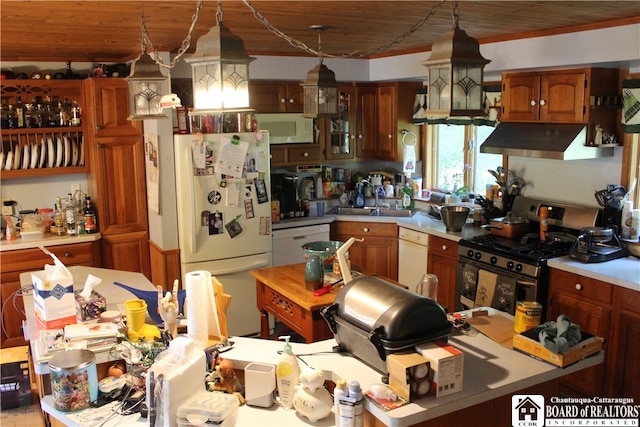 kitchen with wooden ceiling, white appliances, and sink