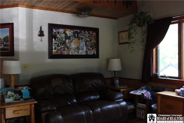 living room featuring wood ceiling