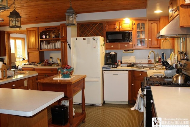 222 Seymour St, Pomfret, NY 14063 - kitchen featuring white appliances, under cabinet range hood, brown cabinetry, light countertops, and wood ceiling