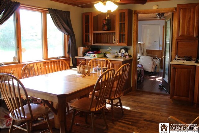 222 Seymour St, Pomfret, NY 14063 - dining area featuring ceiling fan, dark wood-style floors, and plenty of natural light