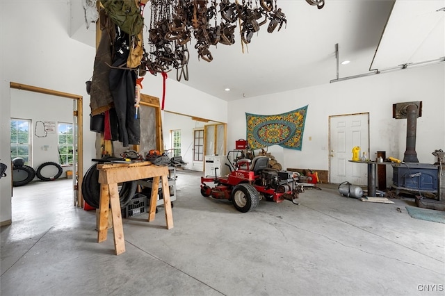 garage with a wood stove