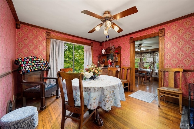 dining room with ceiling fan, wood-type flooring, and ornamental molding