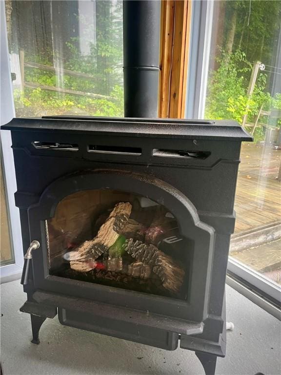 room details featuring a wood stove