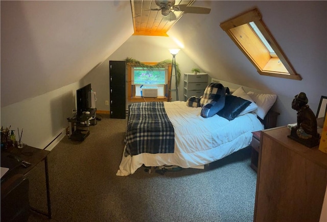 carpeted bedroom with ceiling fan, a baseboard radiator, cooling unit, multiple windows, and vaulted ceiling with skylight