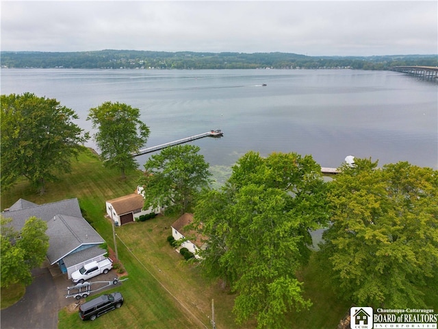 bird's eye view with a water view