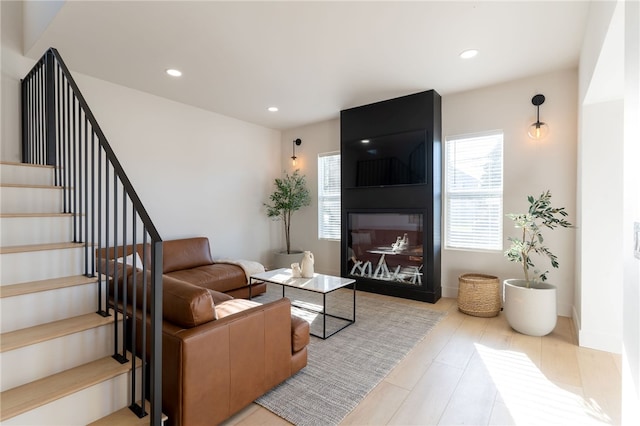 living room with a large fireplace