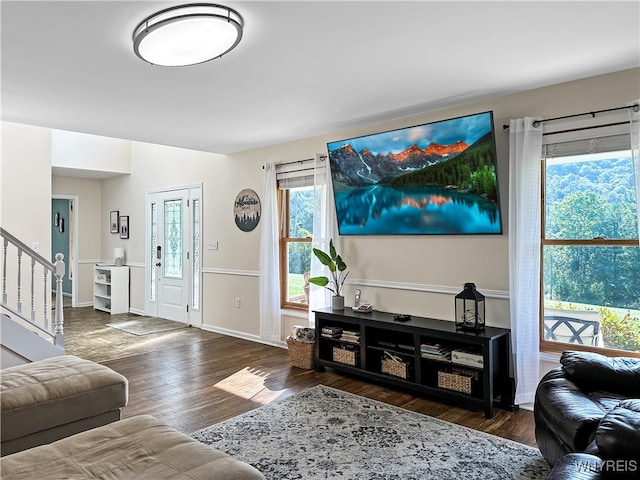 living room featuring dark wood-type flooring