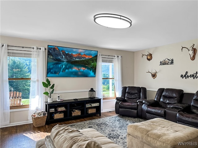 living room featuring a healthy amount of sunlight and dark hardwood / wood-style floors